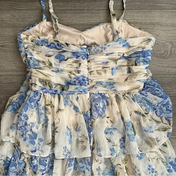 Lulus Arata Tiered Maxi Dress Small Beige Blue Floral Cutout Cottagecore Fairy - Picture 10 of 12